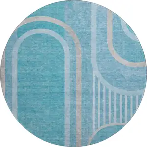 Photo of 8' Teal And Khaki Geometric Washable Round Rug With UV Protection