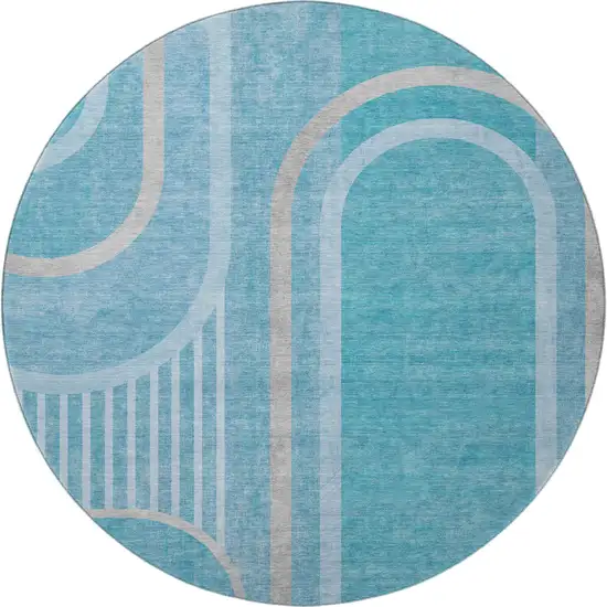 8' Teal And Khaki Geometric Washable Round Rug With UV Protection Photo 4