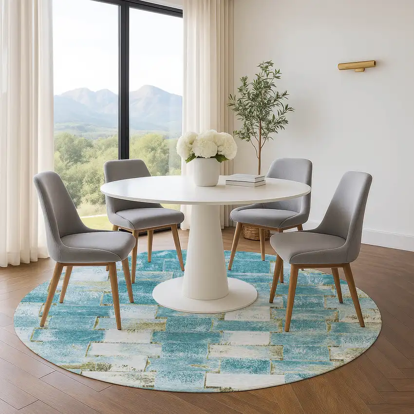 8' Teal And Khaki Striped Washable Round Rug With UV Protection Photo 5