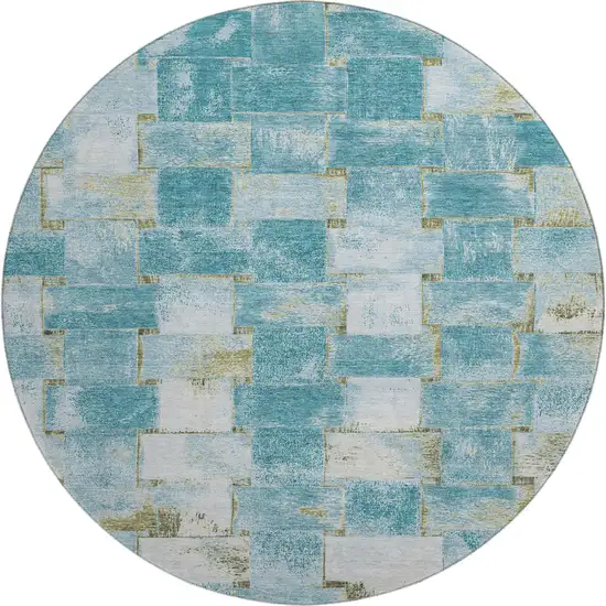 8' Teal And Khaki Striped Washable Round Rug With UV Protection Photo 1