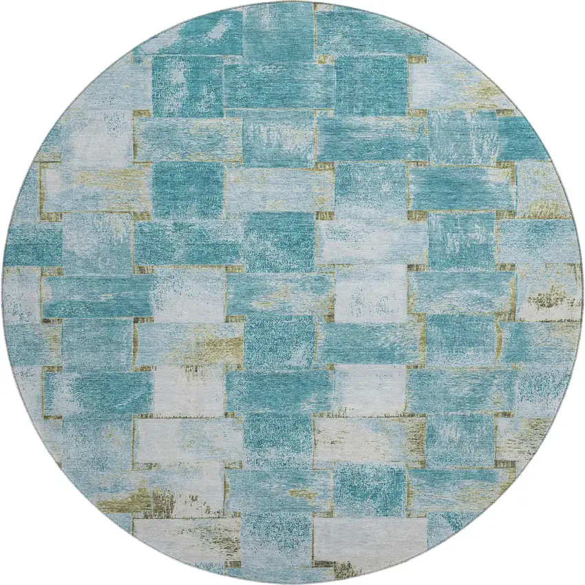 8' Teal And Khaki Striped Washable Round Rug With UV Protection Photo 1