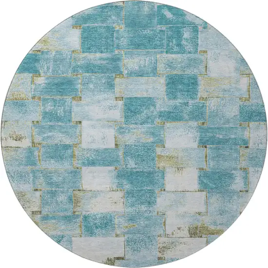 8' Teal And Khaki Striped Washable Round Rug With UV Protection Photo 4