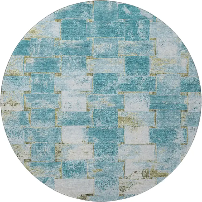 8' Teal And Khaki Striped Washable Round Rug With UV Protection Photo 4