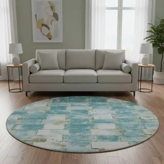 8' Teal And Khaki Striped Washable Round Rug With UV Protection Photo 2