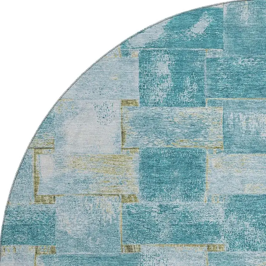 8' Teal And Khaki Striped Washable Round Rug With UV Protection Photo 3
