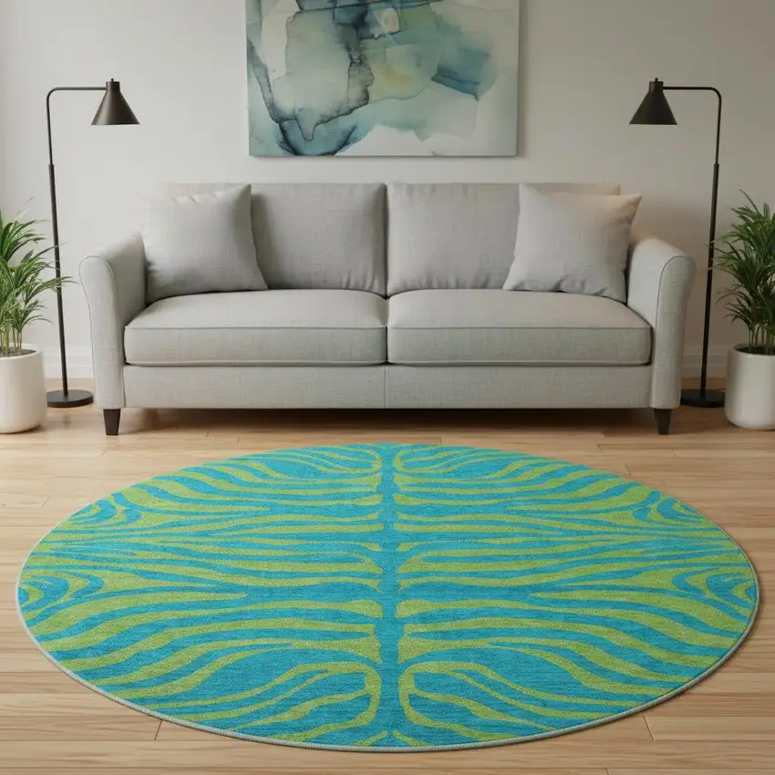 8' Teal And Lime Green Animal Print Washable Round Rug With UV Protection Photo 2