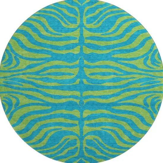 8' Teal And Lime Green Animal Print Washable Round Rug With UV Protection Photo 3