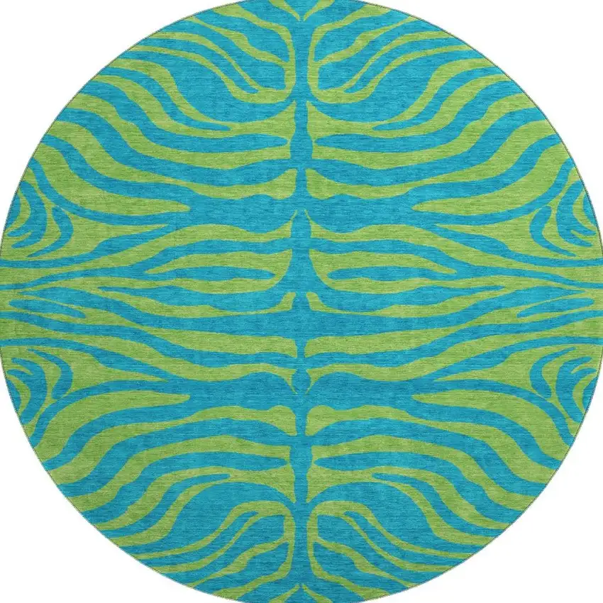 8' Teal And Lime Green Animal Print Washable Round Rug With UV Protection Photo 3