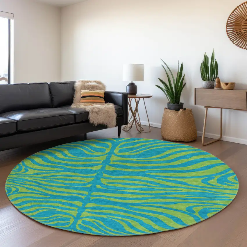 8' Teal And Lime Green Animal Print Washable Round Rug With UV Protection Photo 4