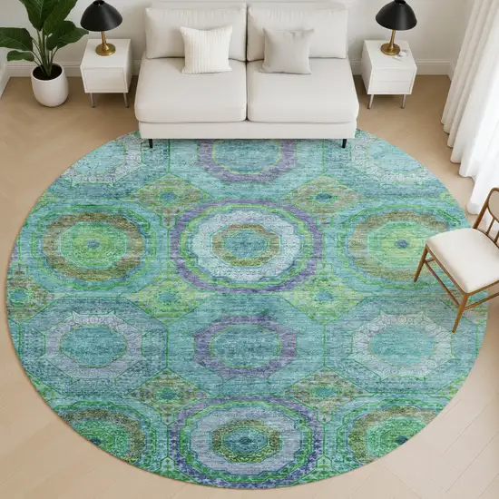 8' Teal And Lime Green Geometric Washable Round Rug With UV Protection Photo 5