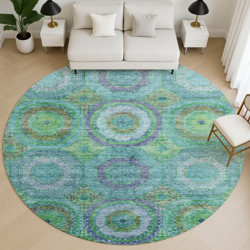 8' Teal And Lime Green Geometric Washable Round Rug With UV Protection Photo 5