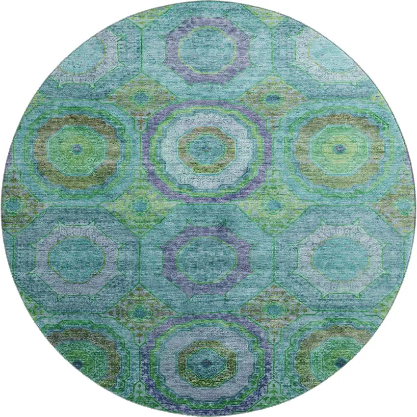 8' Teal And Lime Green Geometric Washable Round Rug With UV Protection Photo 1