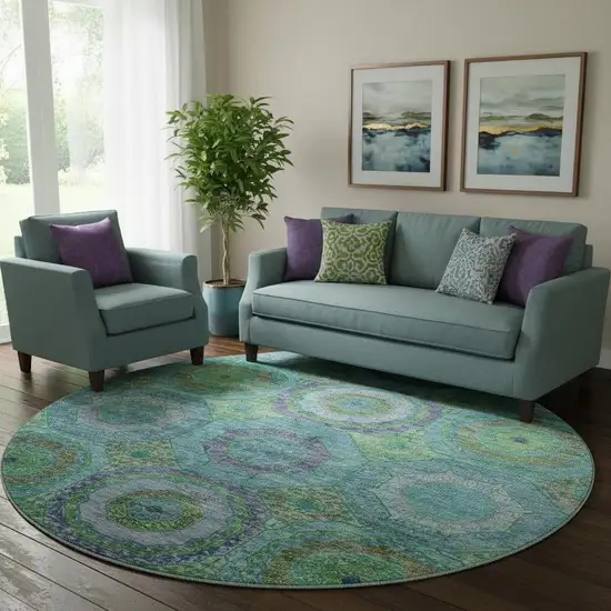 8' Teal And Lime Green Geometric Washable Round Rug With UV Protection Photo 2