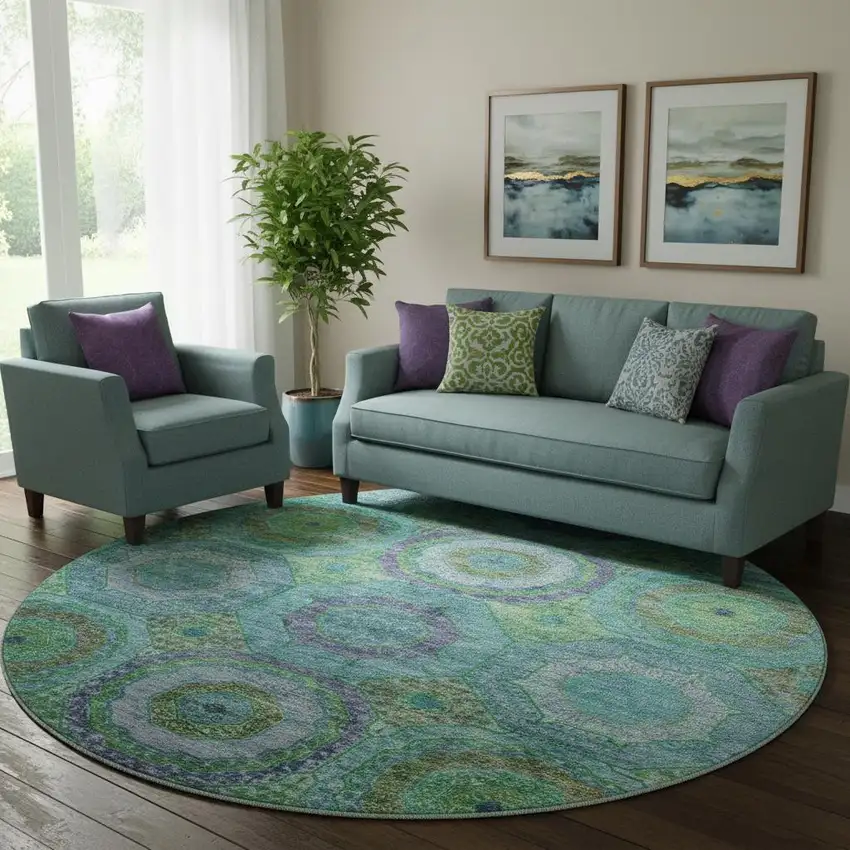 8' Teal And Lime Green Geometric Washable Round Rug With UV Protection Photo 2
