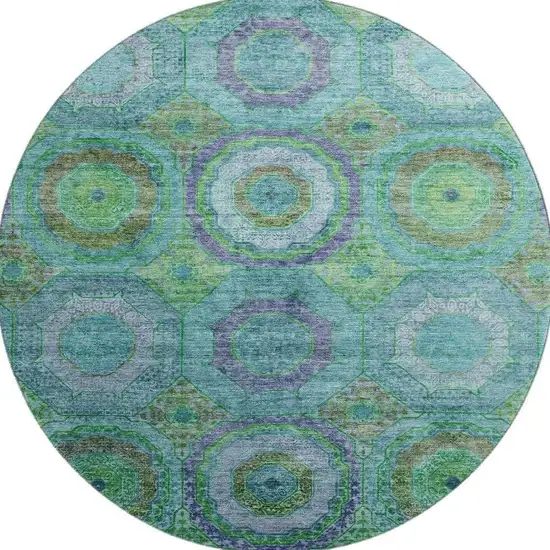 8' Teal And Lime Green Geometric Washable Round Rug With UV Protection Photo 3