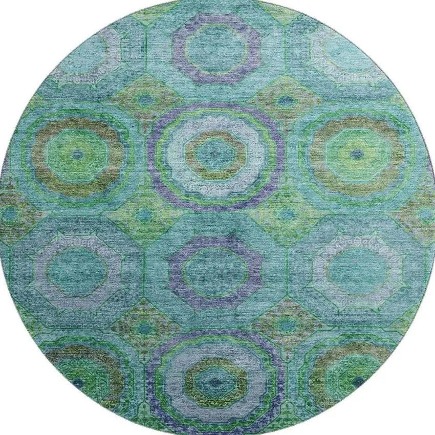 8' Teal And Lime Green Geometric Washable Round Rug With UV Protection Photo 3
