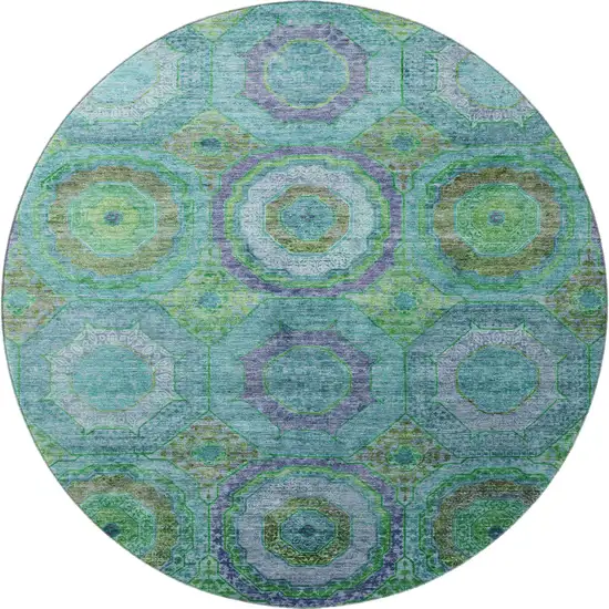 8' Teal And Lime Green Geometric Washable Round Rug With UV Protection Photo 4