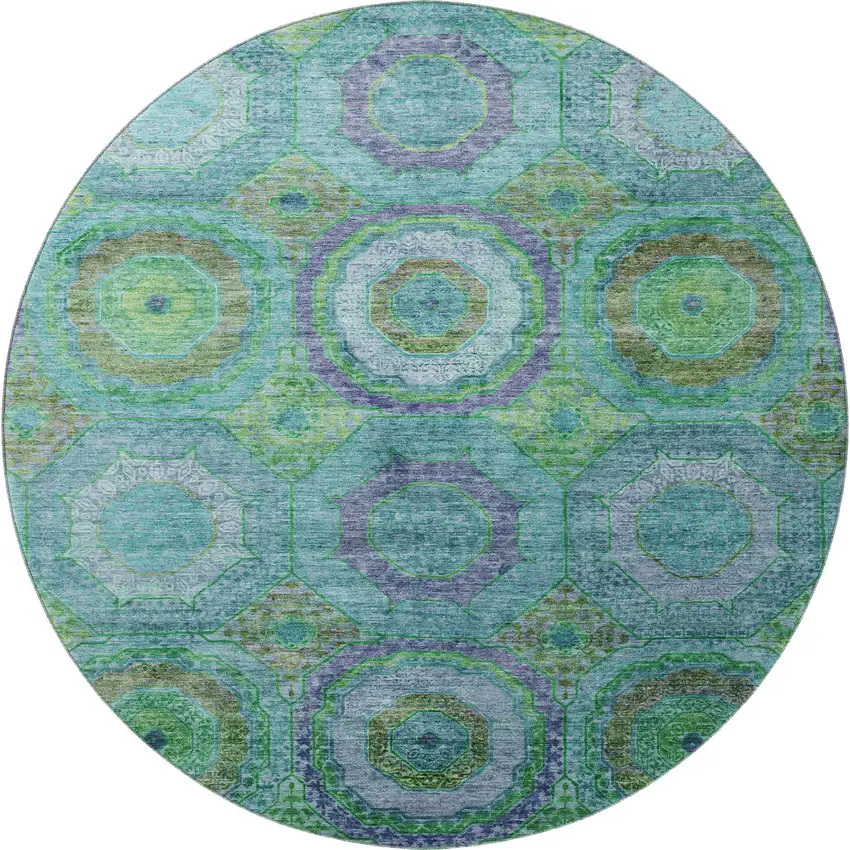 8' Teal And Lime Green Geometric Washable Round Rug With UV Protection Photo 4
