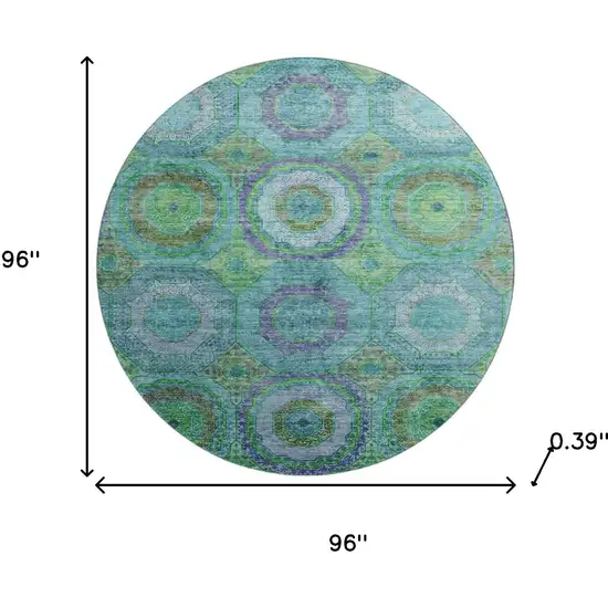 8' Teal And Lime Green Geometric Washable Round Rug With UV Protection Photo 8
