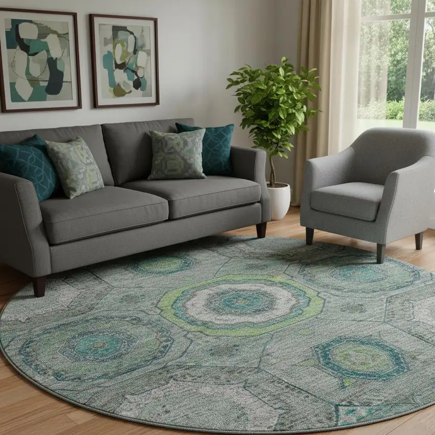 8' Teal And Lime Green Geometric Washable Round Rug With UV Protection Photo 2