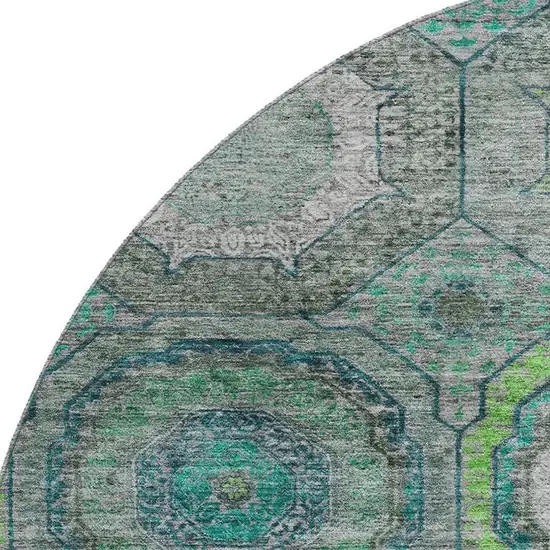 8' Teal And Lime Green Geometric Washable Round Rug With UV Protection Photo 3