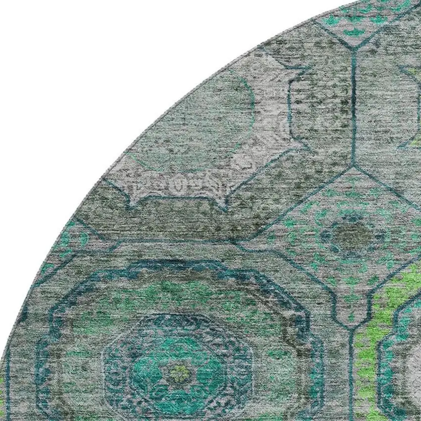8' Teal And Lime Green Geometric Washable Round Rug With UV Protection Photo 3