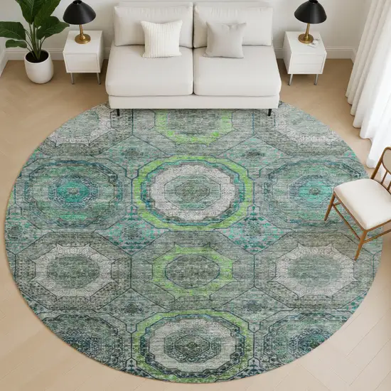 8' Teal And Lime Green Geometric Washable Round Rug With UV Protection Photo 5