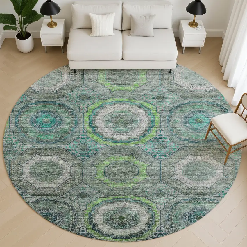 8' Teal And Lime Green Geometric Washable Round Rug With UV Protection Photo 5