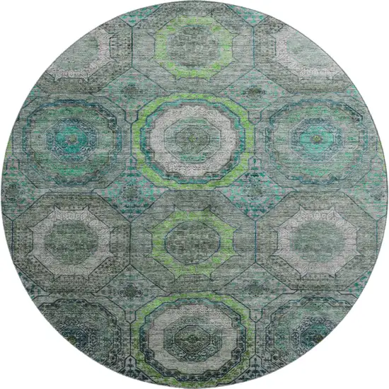 8' Teal And Lime Green Geometric Washable Round Rug With UV Protection Photo 1