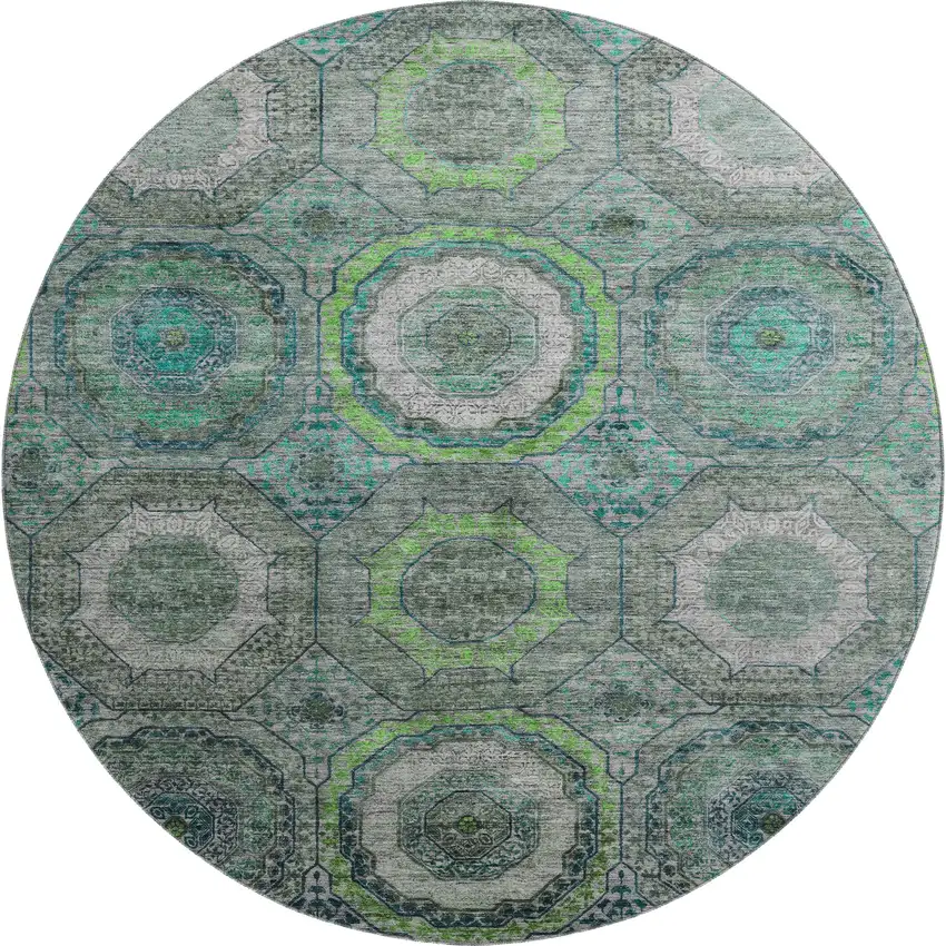 8' Teal And Lime Green Geometric Washable Round Rug With UV Protection Photo 1