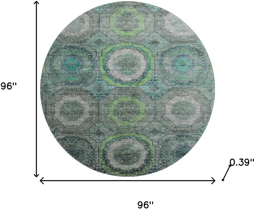 8' Teal And Lime Green Geometric Washable Round Rug With UV Protection Photo 8