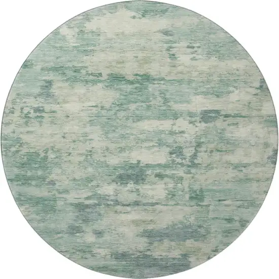 8' Teal And Linen Abstract Washable Round Rug With UV Protection Photo 3
