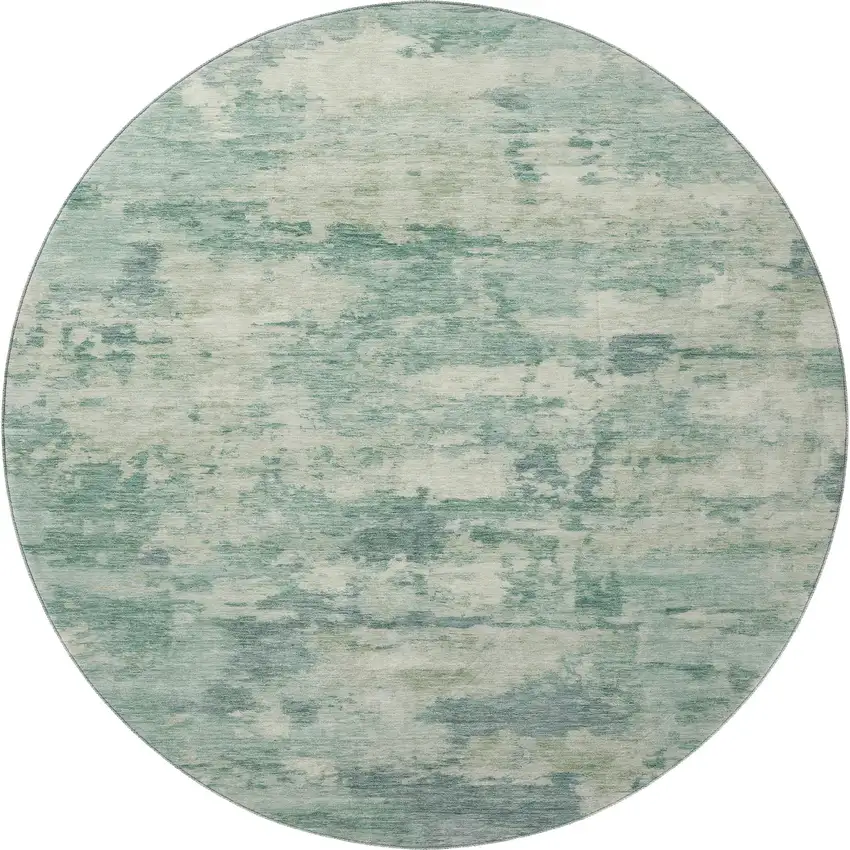 8' Teal And Linen Abstract Washable Round Rug With UV Protection Photo 3