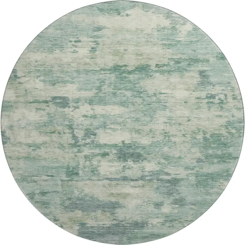 8' Teal And Linen Abstract Washable Round Rug With UV Protection Photo 1