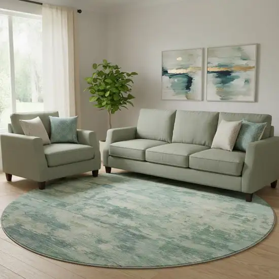8' Teal And Linen Abstract Washable Round Rug With UV Protection Photo 2