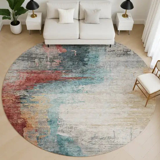 8' Teal And Mauve Abstract Washable Round Rug With UV Protection Photo 5