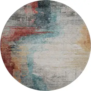 Photo of 8' Teal And Mauve Abstract Washable Round Rug With UV Protection