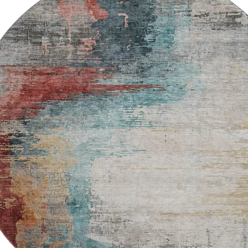8' Teal And Mauve Abstract Washable Round Rug With UV Protection Photo 3