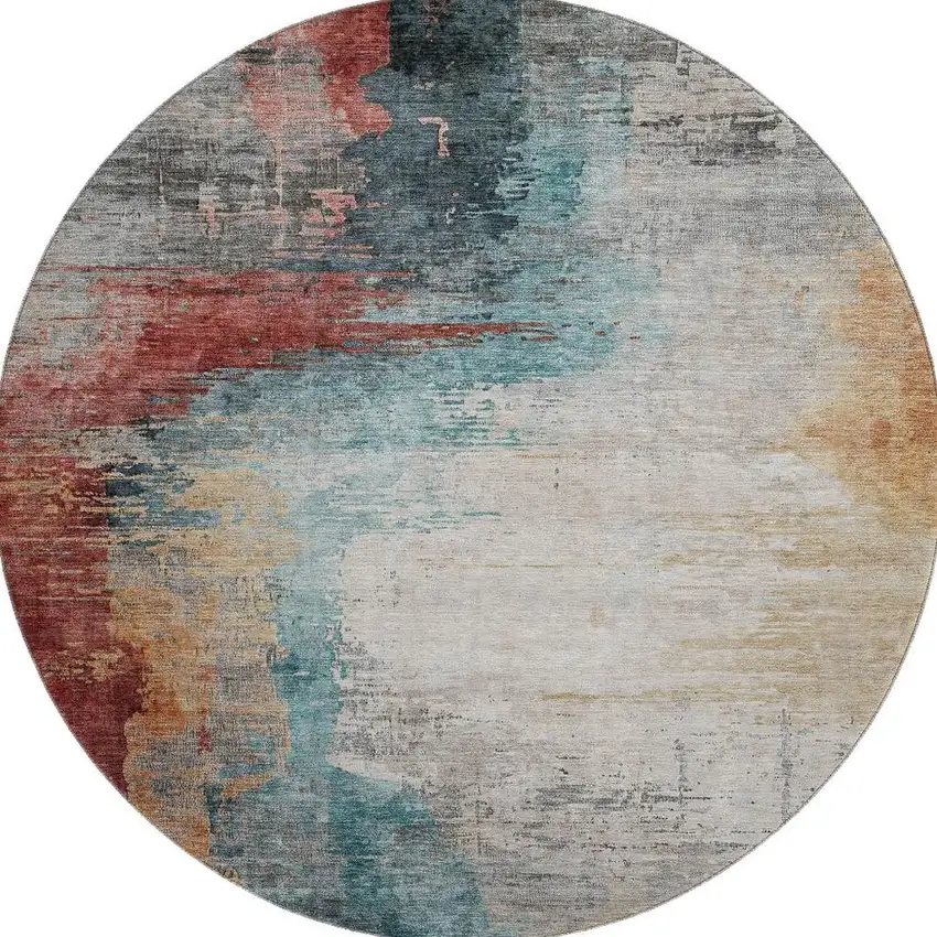8' Teal And Mauve Abstract Washable Round Rug With UV Protection Photo 4