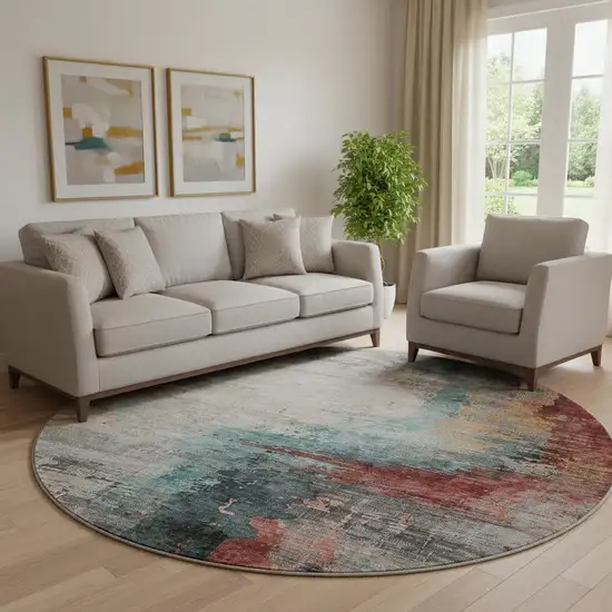 8' Teal And Mauve Abstract Washable Round Rug With UV Protection Photo 2