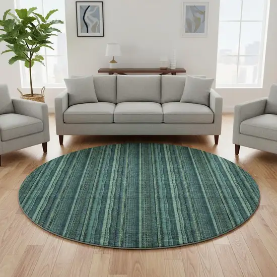 8' Teal And Mint Green Striped Washable Round Rug With UV Protection Photo 2