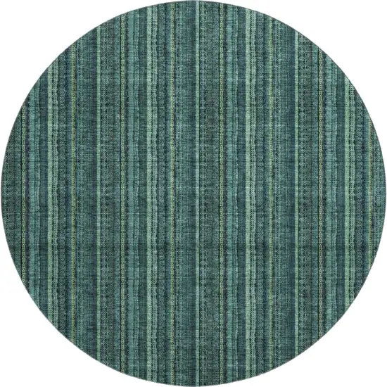 8' Teal And Mint Green Striped Washable Round Rug With UV Protection Photo 1