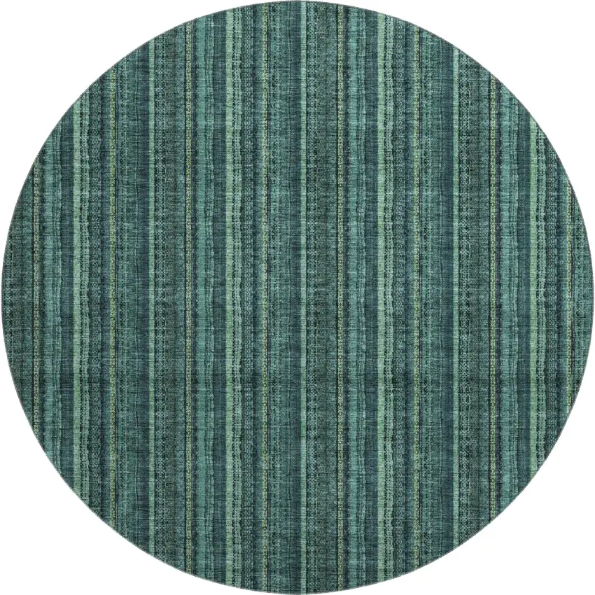 8' Teal And Mint Green Striped Washable Round Rug With UV Protection Photo 1
