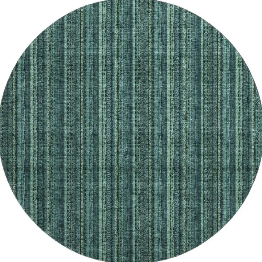 8' Teal And Mint Green Striped Washable Round Rug With UV Protection Photo 2
