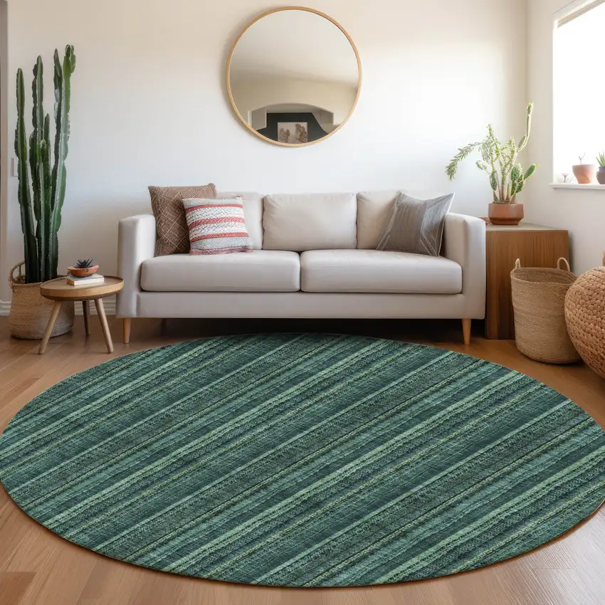 8' Teal And Mint Green Striped Washable Round Rug With UV Protection Photo 3