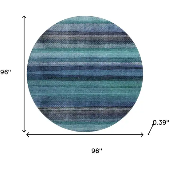 8' Teal And Navy Blue Striped Washable Round Rug With UV Protection Photo 8