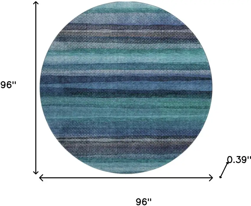 8' Teal And Navy Blue Striped Washable Round Rug With UV Protection Photo 8
