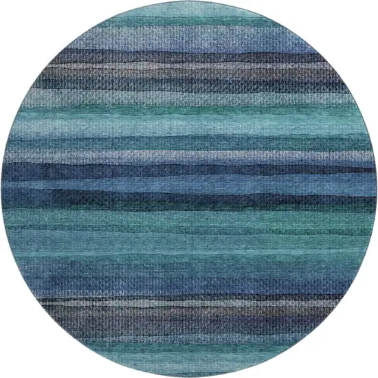 8' Teal And Navy Blue Striped Washable Round Rug With UV Protection Photo 1