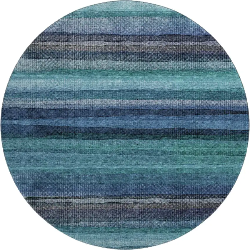 8' Teal And Navy Blue Striped Washable Round Rug With UV Protection Photo 1