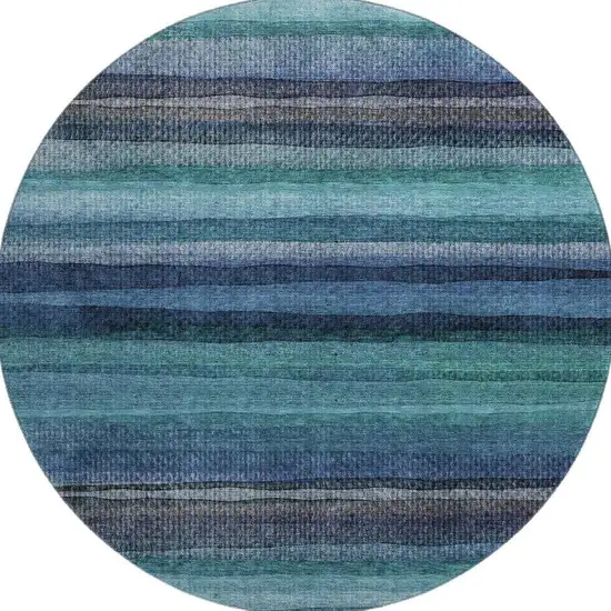 8' Teal And Navy Blue Striped Washable Round Rug With UV Protection Photo 4